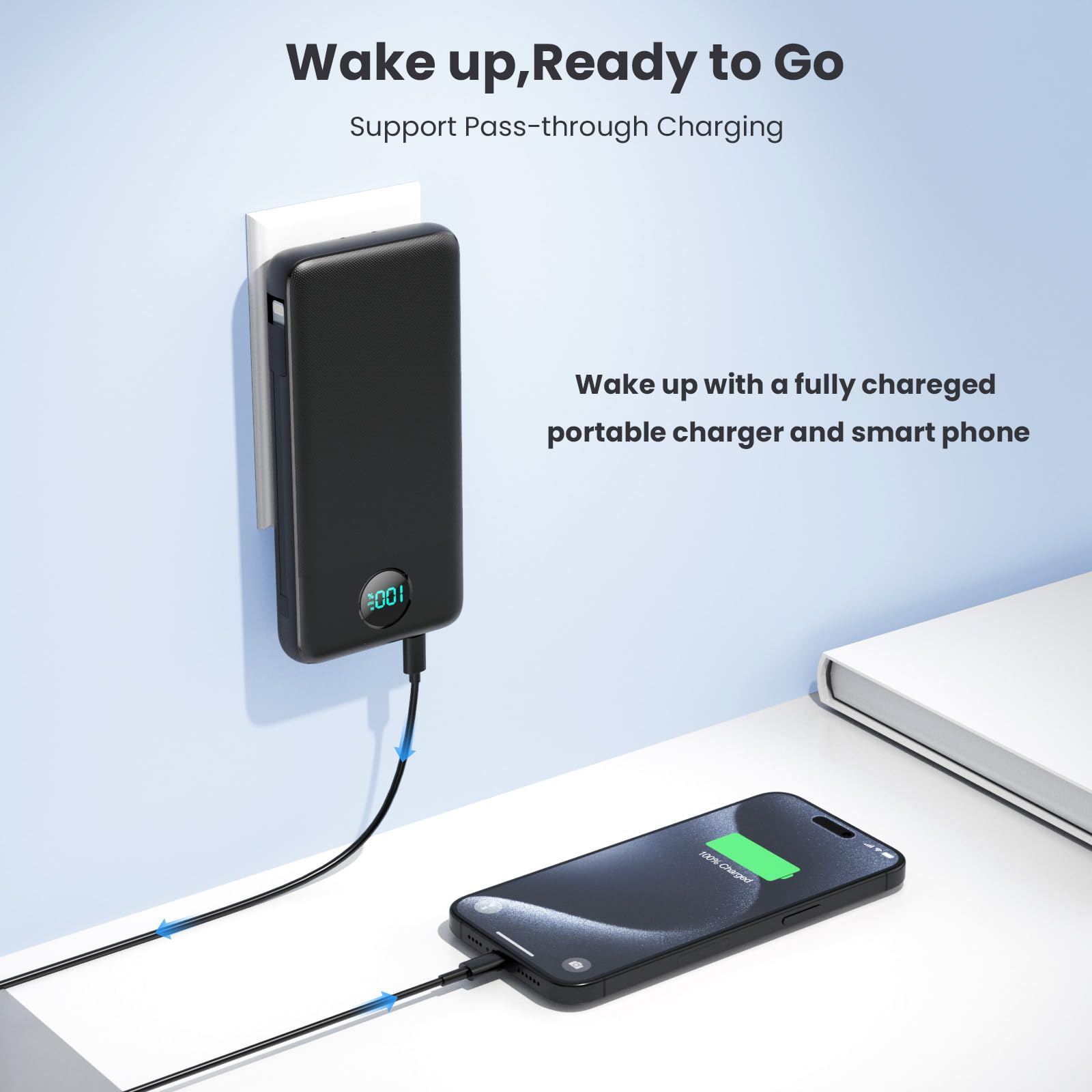 Portable Charger USB C Power Bank with 2 Built in Cables & AC Wall Plug,13800mAh Portable Battery Pack Fast Charging Compact LED Display Universal Compatible with iPhone 16/15,Galaxy S23,Tablets etc