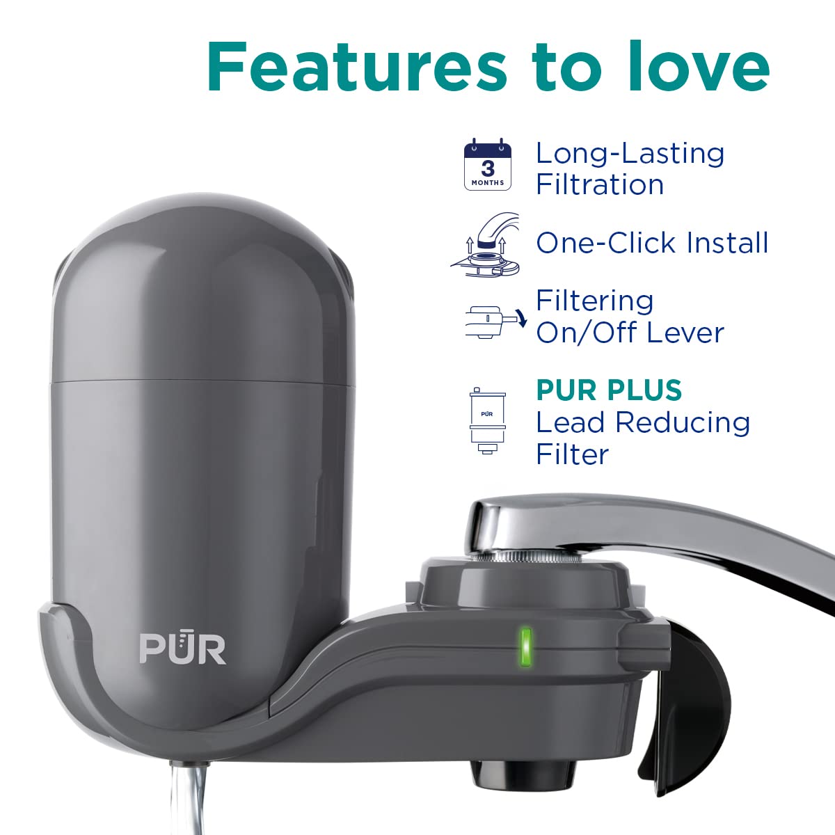 PUR PLUS Vertical Faucet Mount Water Filtration System with 3-in-1 Lead Reducing Filter for Great-Tasting Filtered Tap Water, Lasts 100 Gallons, Fits Most Kitchen or Bathroom Faucets, Grey