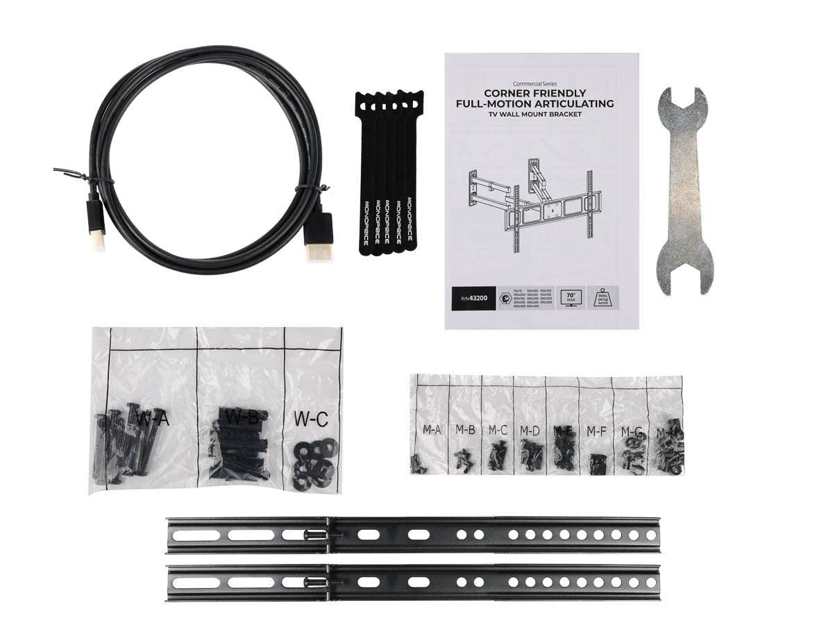 Monoprice Premium Full Motion TV Wall Mount Bracket Corner Friendly for 32" to 70" TVs up to 99lbs, Max VESA 600x400, Fits Curved Screens