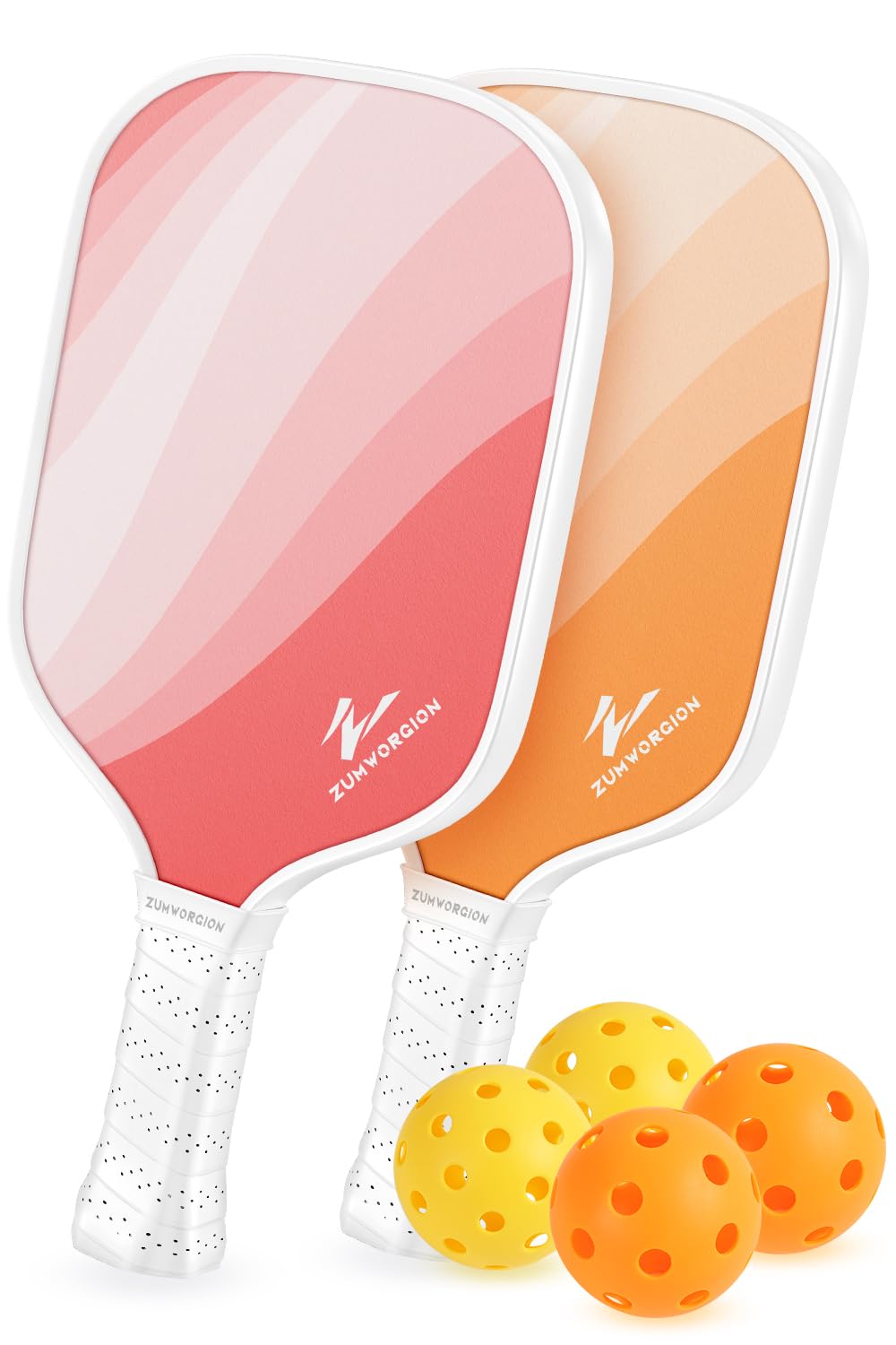 PalProt Pickleball Paddles Set of 2: Cute Pink Orange Fiberglass Rackets with Balls for Beginner - Lightweight Honeycomb Composite Core Spin Racquet for Kids - Women Girly Pickle Equipment | 7oz 14mm