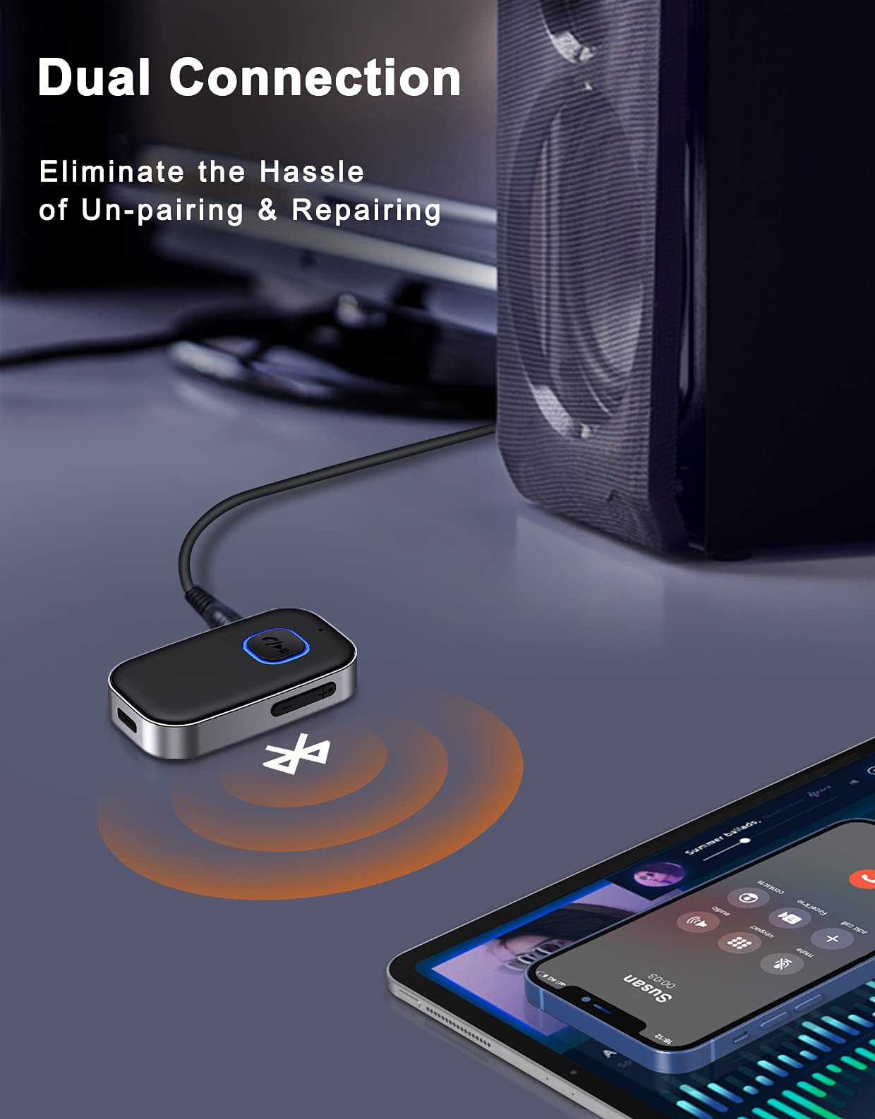 COMSOON Bluetooth Receiver for Car, Noise Cancelling 3.5mm AUX Bluetooth Car Adapter, Wireless Audio Receiver for Home Stereo/Wired Headphones, Hands-Free Call, 16H Battery Life - Black+Silver