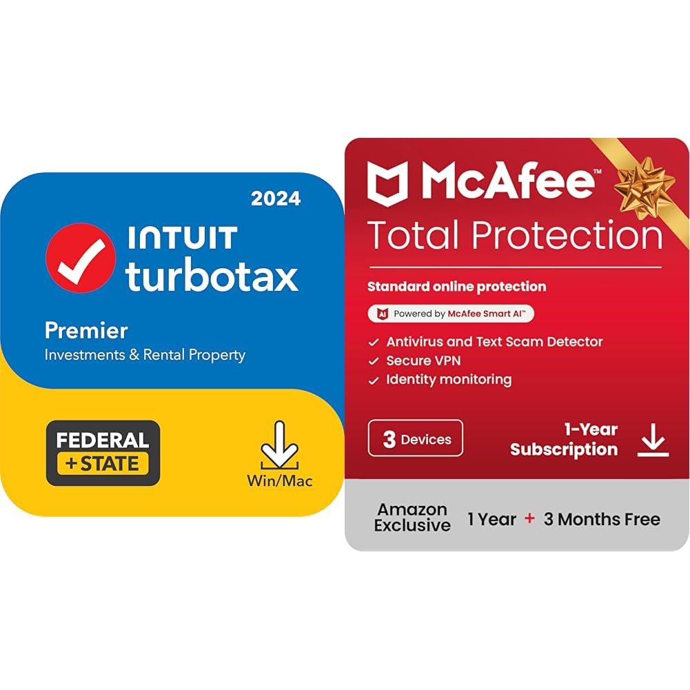 TurboTax Premier 2024 Tax Software, Federal & State [PC/MAC Download] & McAfee Total Protection 3 Devices