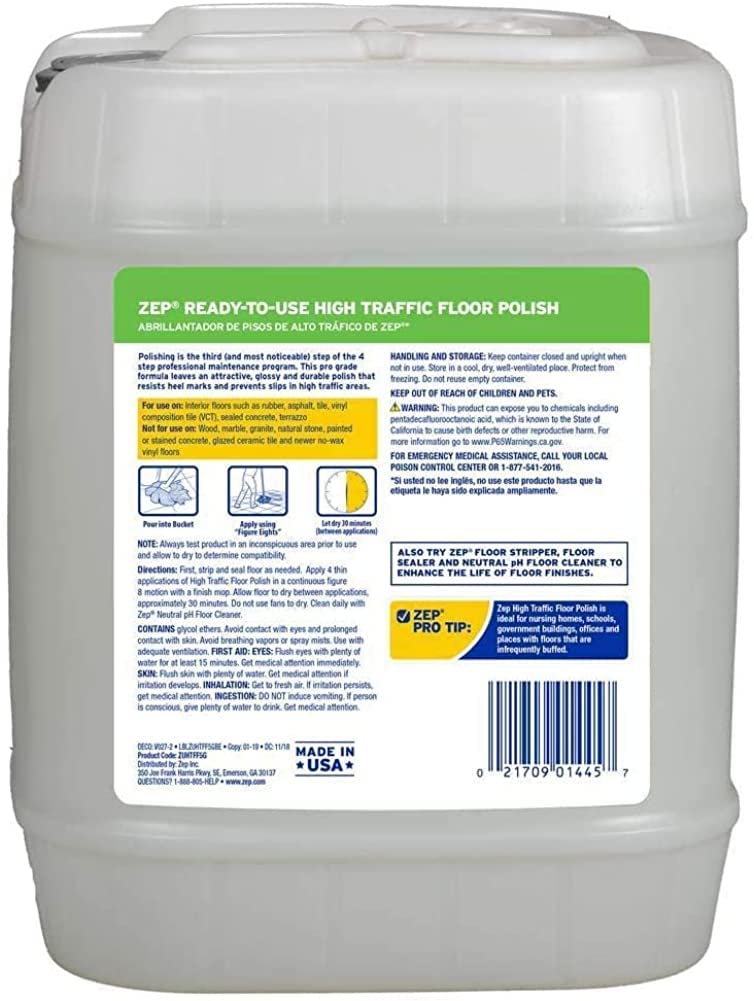 Zep High Traffic Floor Polish - 5 Gal (1 Pail) ZUHTFF5G - Scuff and Slip Resistant Durable Floor Finishing Polish for Vinyl (VCT), Sealed Concrete, Rubber, Tile, and Terrazzo Floors