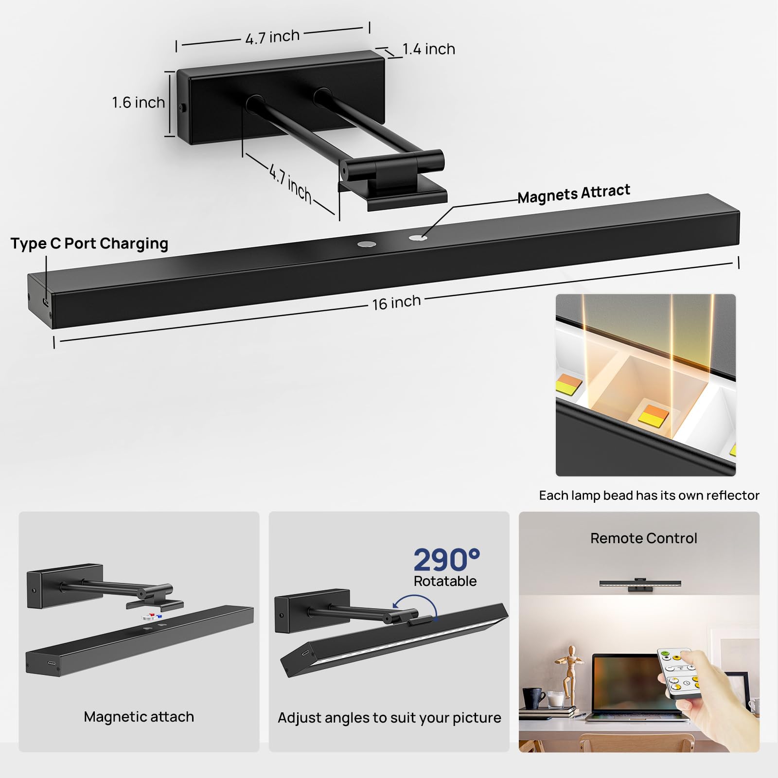 PESUTEN Picture Light Battery Operated, 16in Wireless Art Light for Paintings CCT Dimmable Recharging Battery Picture Light with Remote Control for Gallery Dartboard Art Bedroom Bathroom