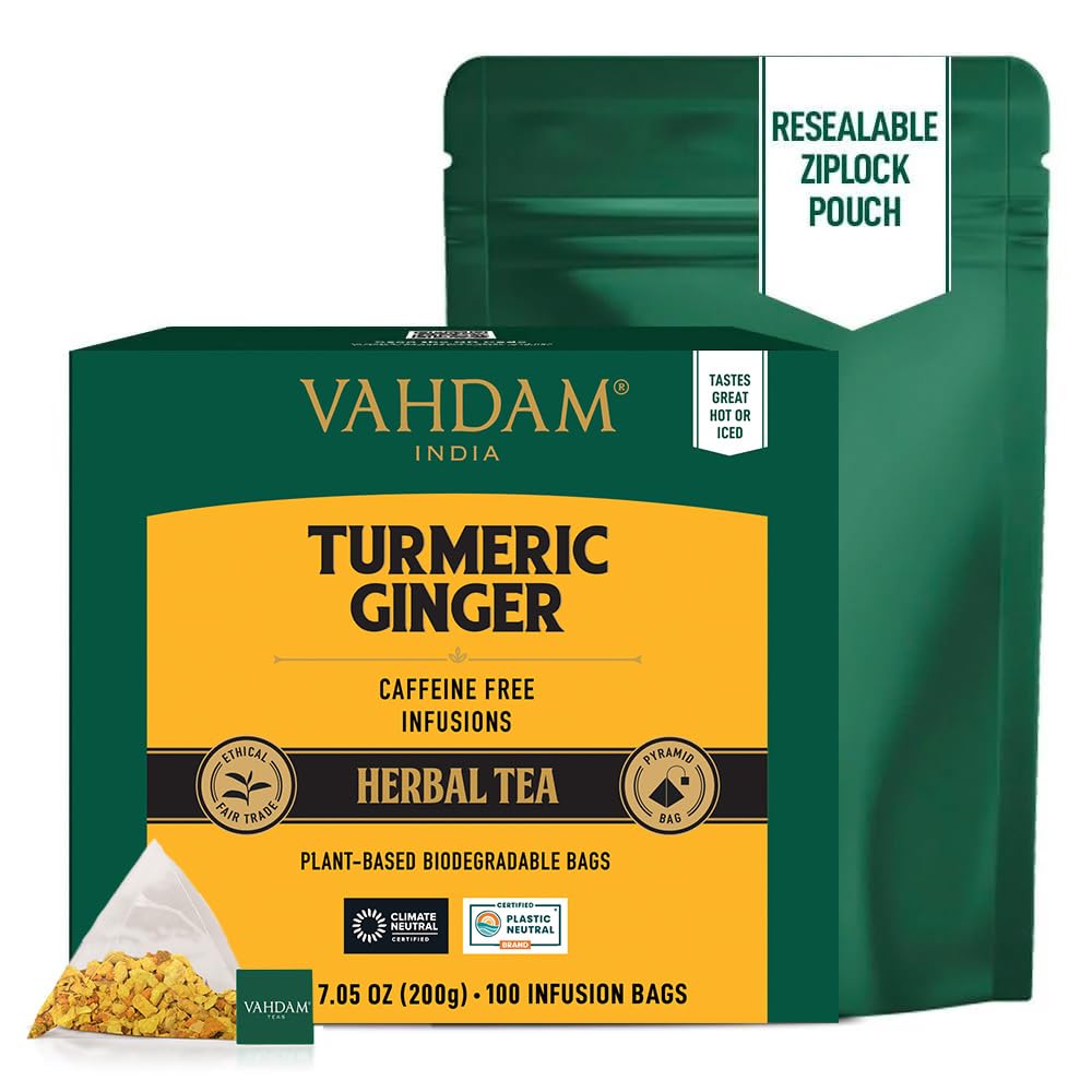 VAHDAM, Turmeric Ginger Herbal Tea Bags (100 Pyramid Tea Bags) Caffeine Free, Non GMO, Gluten Free | 100% Pure Herbal Blend - Savory & Spicy | Plant-Based Tea Bags | Resealable Ziplock Pouch