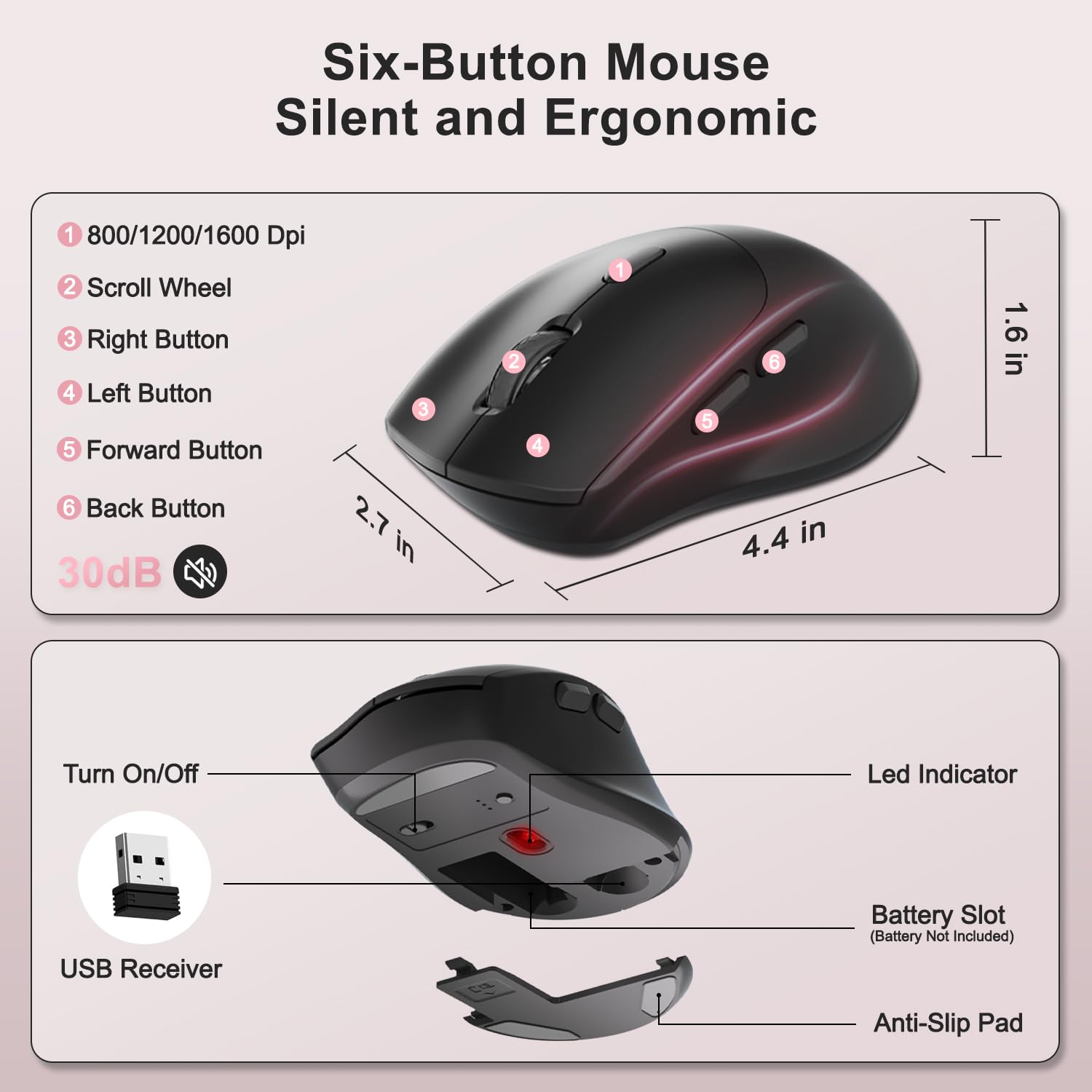 Wireless Keyboard and Mouse Combo, 2.4G Full Size Wave Keys Ergonomic Keyboard with Wrist Rest, Phone Holder, 3-Level DPI Wireless Silent Mouse with 6-Buttons, for Windows (Pink)