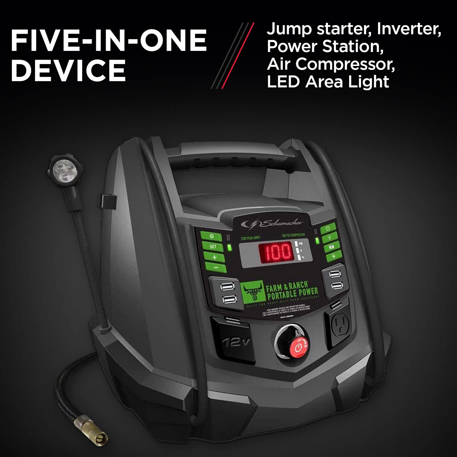 Schumacher Electric FR01337 Rechargeable AGM Jump Starter for Gas, Diesel Vehicles - 1200A with Air Compressor and 12V USB/AC Power Station to Charge Phones, Accessories