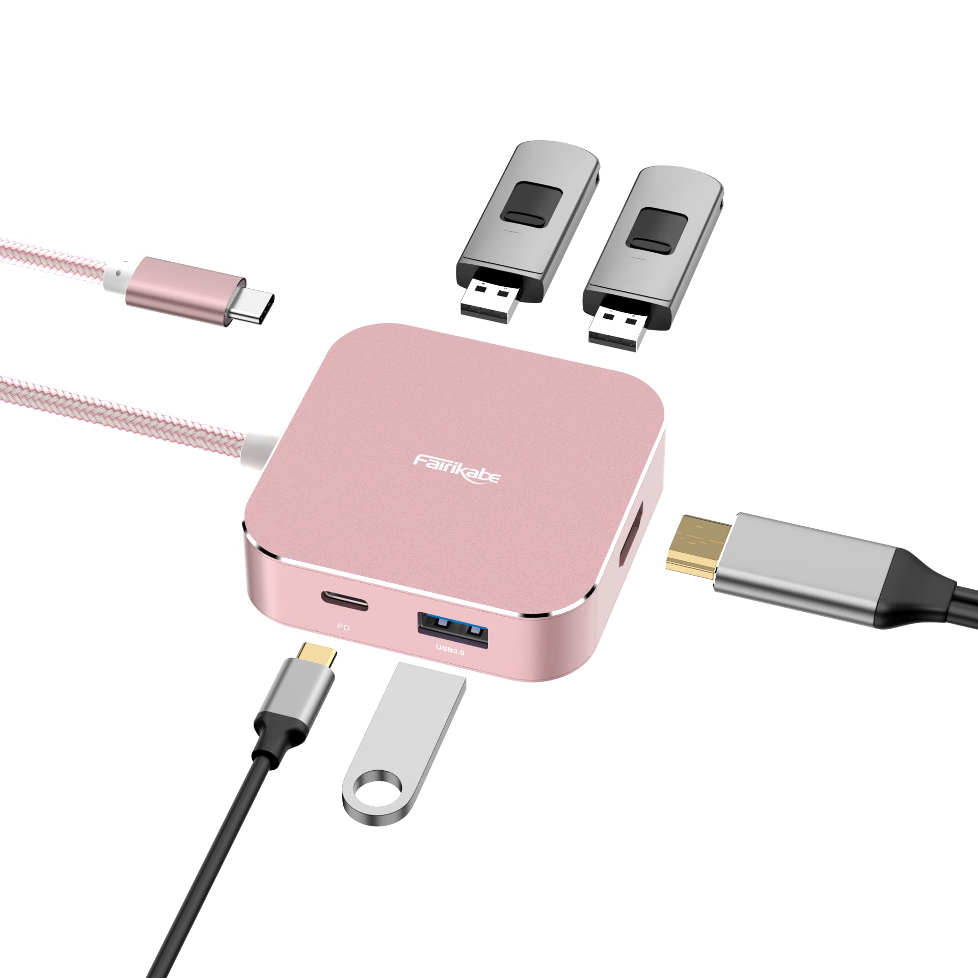 USB C to HDMI Multiport Adapter, fairikabe USB C Hub to 4K HDMI Power Delivery 3USB3.0, 5 in 1 USB C HDMI Hub with Long Cable 1.5FT, for MacBook Air, MacBook Pro and Other USB-C DP Alt Mode Devices
