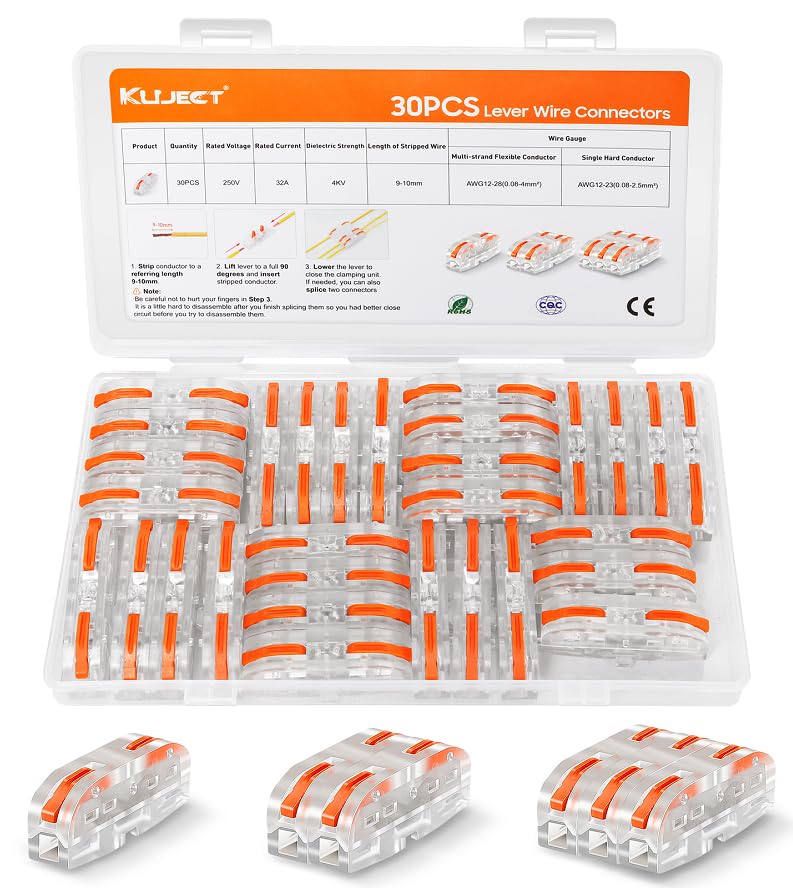 Kuject Electrical Lever Wire Connectors, 30PCS Wire Splice Connectors for 28-12 AWG, Wire Connectors Push-in with 1 to 1 Circuit Inline Splices