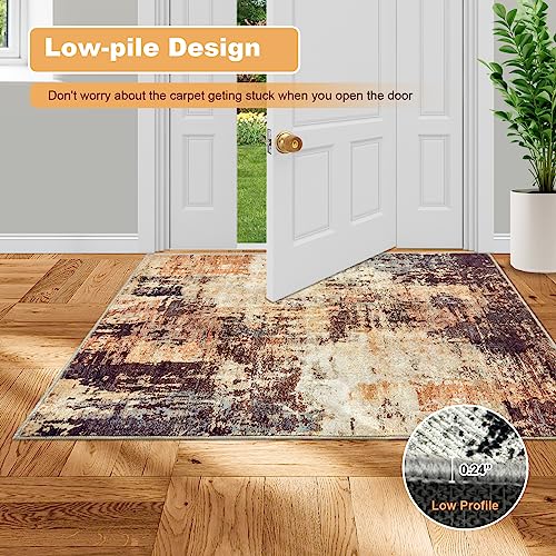 OIGAE Washable Rug 2x3, Abstract Modern Small Entryway Rug Door Mat with Non-Slip Backing, Front Entrance Carpet for Entrance Bedroom Bedside Kitchen Laundry Home Decor, Gold/Brown