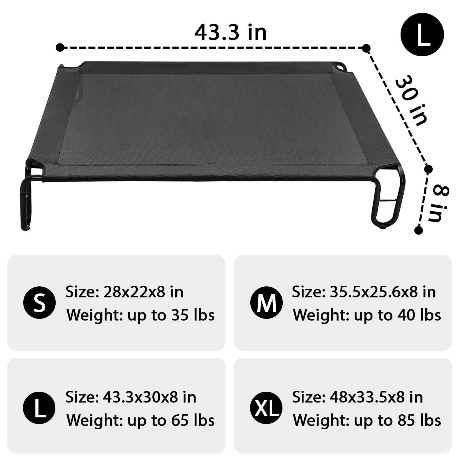 pettycare Elevated Outdoor Dog Bed - Raised Dog Bed for Large Dogs, Waterproof Dog Cot Bed Easy to Assemble, Cooling Elevated Dog Bed with Breathable Teslin Mesh, Durable, Non Slip, Up to 65 lbs,Black