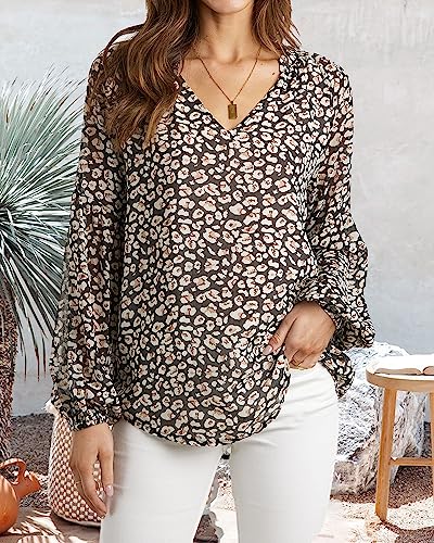 BTFBM Women Casual Boho Blouse Fashion Floral Shirts V Neck Long Puff Sleeve Lightweight Chiffon Summer Fall Tops 2024(Print Orange, Small)