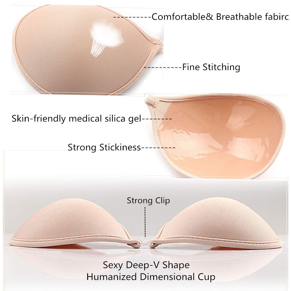 Strapless Adhesive Invisible Bra Reusable Push Up Silicone Sticky Backless Dress Bra, Nude A Cup