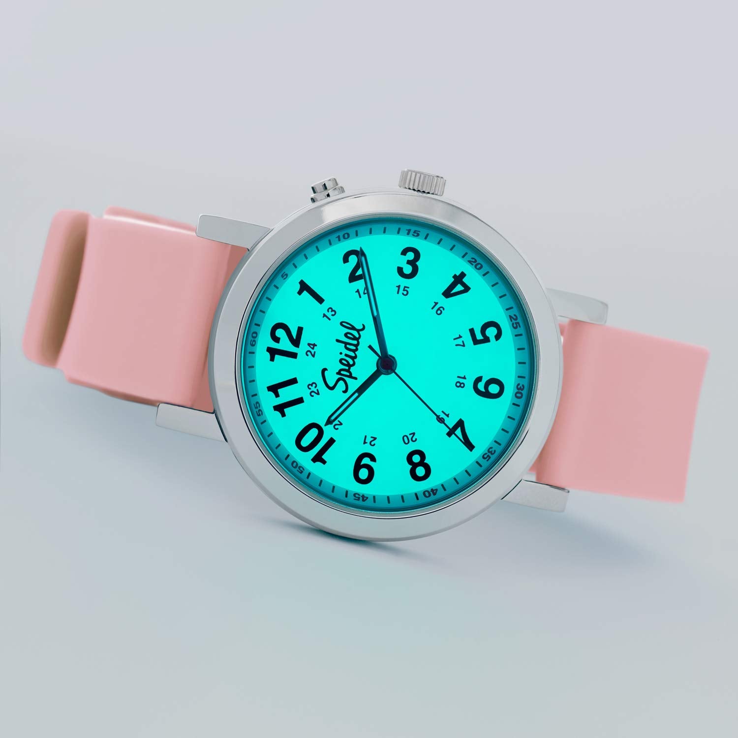 Speidel Glow Scrub Watch™, Electroluminescent Nurse Doctors Medical Professionals Students Men Women Unisex Easy Read Dial Military Time Second Hand, Silicone Band, Water Resistant-Light Pink