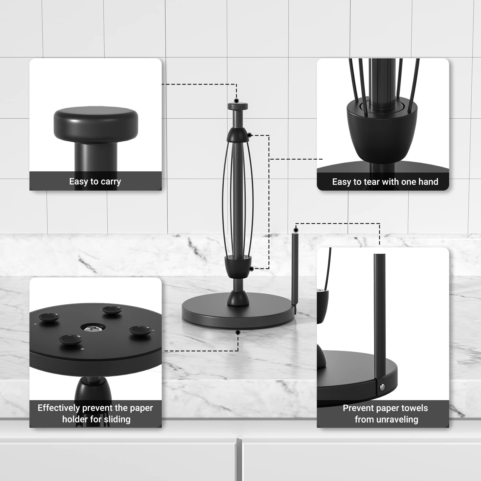 Swaitee Paper Towel Holder Countertop, Paper Towel Stand with Ratchet System for Kitchen Bathroom, One-Handed Tear Paper Stainless Steel Paper Towel Holder with Suction Cups