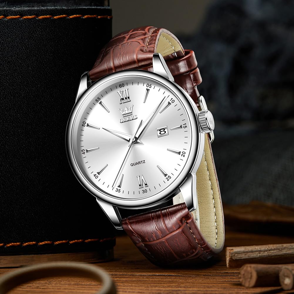 OLEVS Mens Watches Brown Leather Band Minimalist Men's Wrist Watches Silver Dress Watches for Men Waterproof Big Face Watch for Men Fashion Quartz with Date Man Watch relojes para Hombres