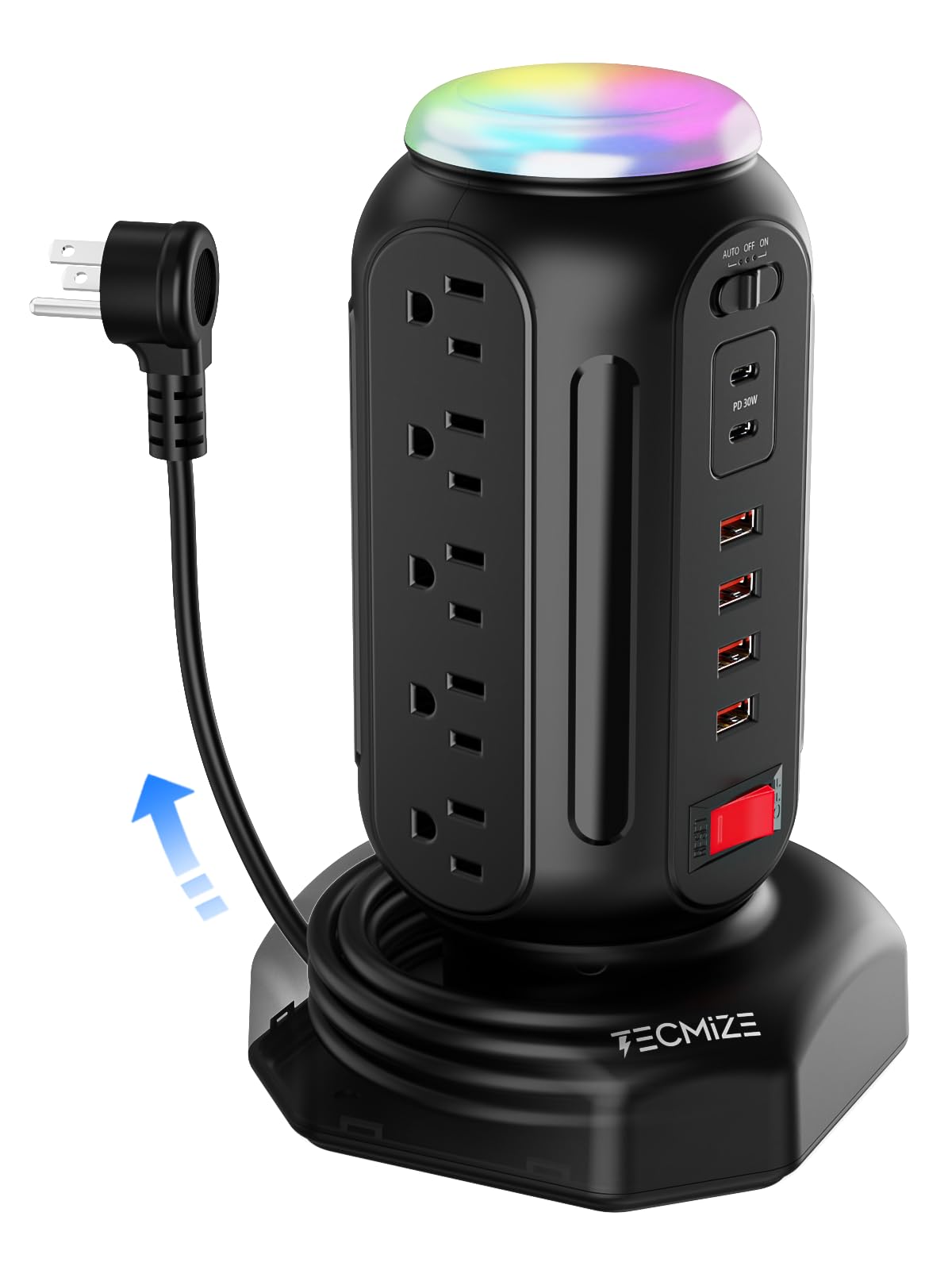 Multiple Plug PD 30W Fast Charing Power Strip, with Surge Protector, RGB Night Light, 15 Outlets Power Tower, 2 Type C and 4 USB Ports, Space Saving, Retractable Extension Cord 6.5ft for Home (Black)