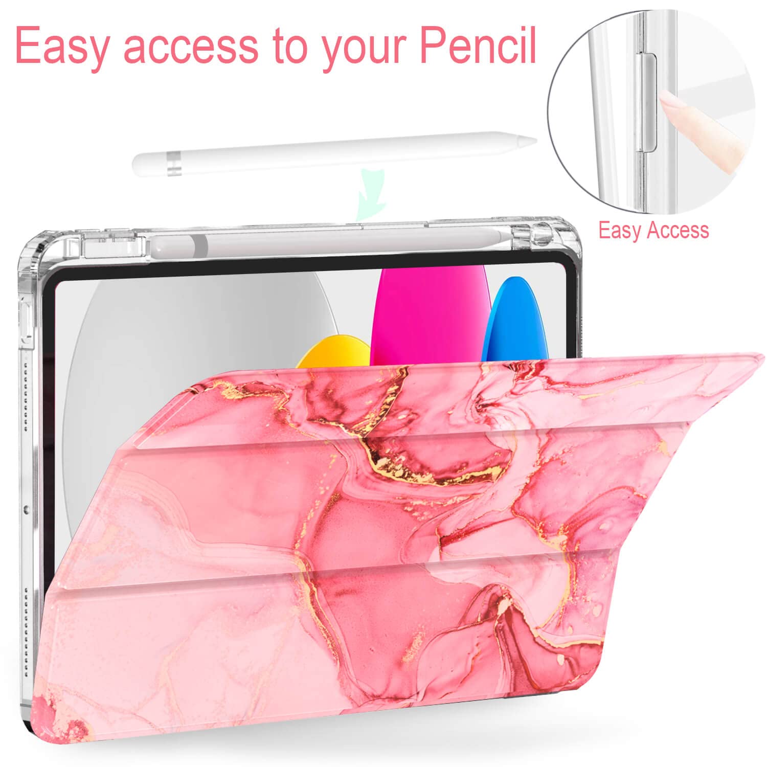 Feams Slim Lightweight Trifold Case for 10.9-inch iPad 10th Generation 2022 - Clear Back Cover with Pencil Holder and Auto Sleep/Wake - Pink Marble