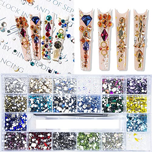 8200 Pcs AB Red Blue Green Champagne Gold Black Yellow Nail Rhinestones Mixed Colored Multi Shaped Sized Nail Beads Glass Gems Stones Rhinestones for Nail DIY Crafts Jewelry
