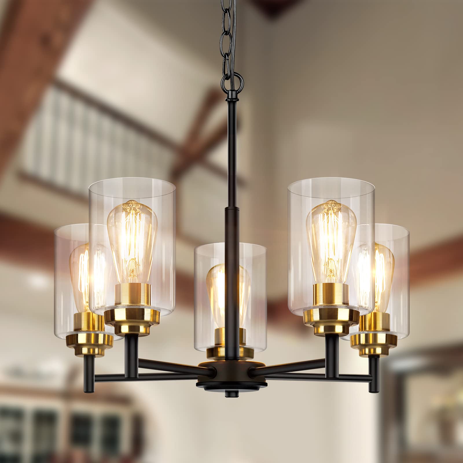 5-Light Chandelier for Dinning Room Kitchen Island Modern Farmhouse Pendant Lighting with Clear Glass Shades Industrial Black Hanging Ceiling Light Fixture for Foyer Living Room, Height Adjustable