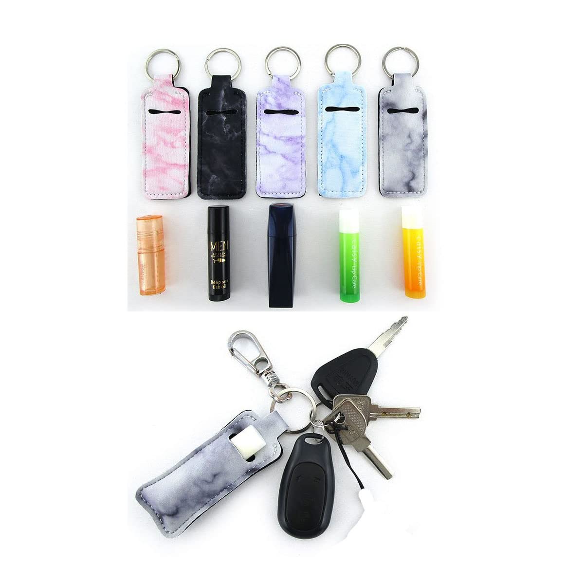 MITAOFAIRY 6 Pcs Chapstick Holder Keychains with 6 Pcs Metal Clip Cords, Neoprene Lipstick Holder Keychains, Suitable for Chapstick Tracker and Safeguard