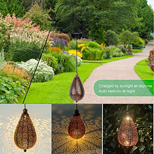 Solar Outdoor Lanterns - Set of 2 Hanging Lights, Fairy Solar Garden Party Decorative Lantern, Hexagon Lamps for Front Porch, Patio and Yard Outdoor Solar Lanterns Waterproof Hanging Garden Decor