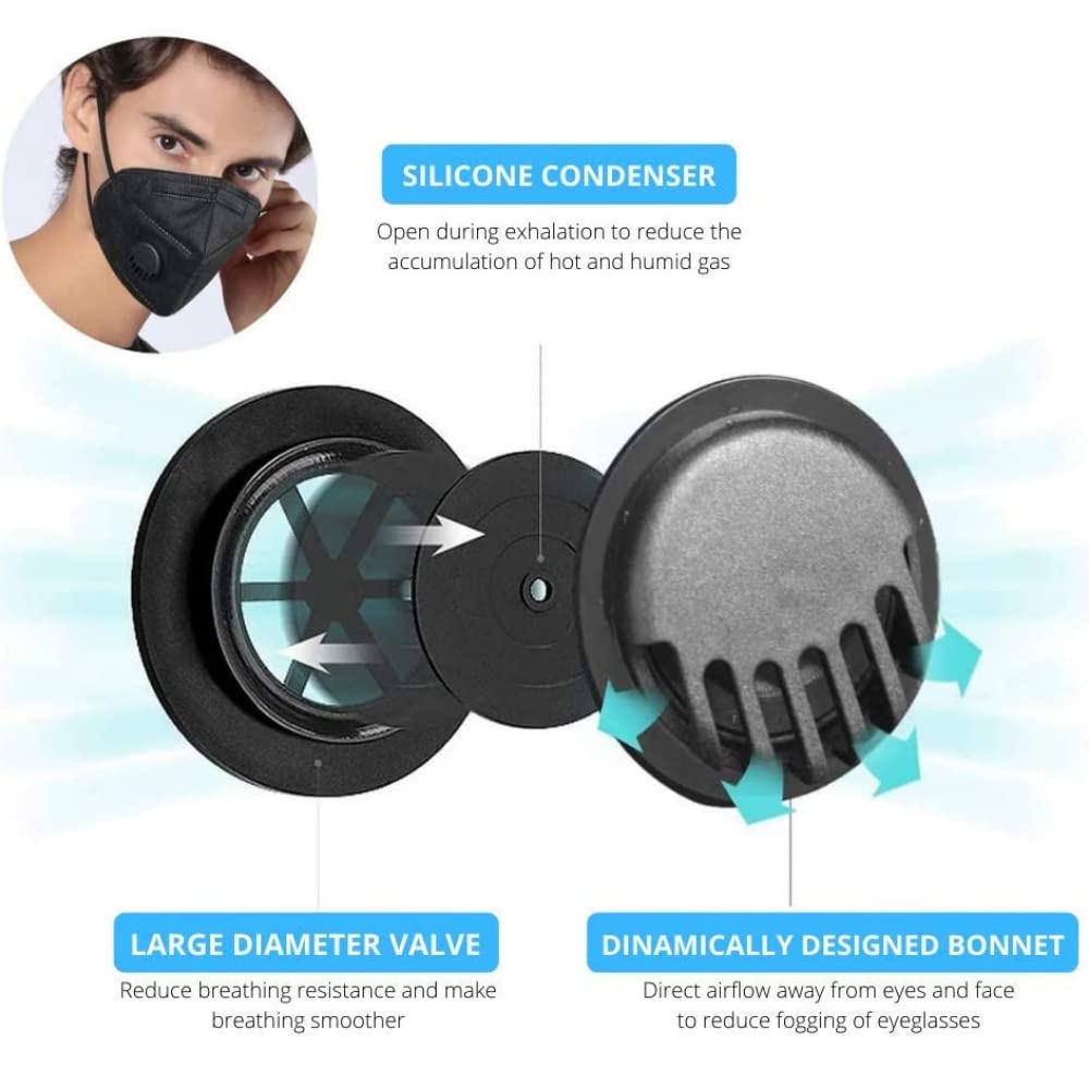 Face mask black disposable with breathing-valve 10 pack | black face masks for men and woman 5 layer | disposable face mask for protection | breathable sport face mask lightweight comfortable on skin