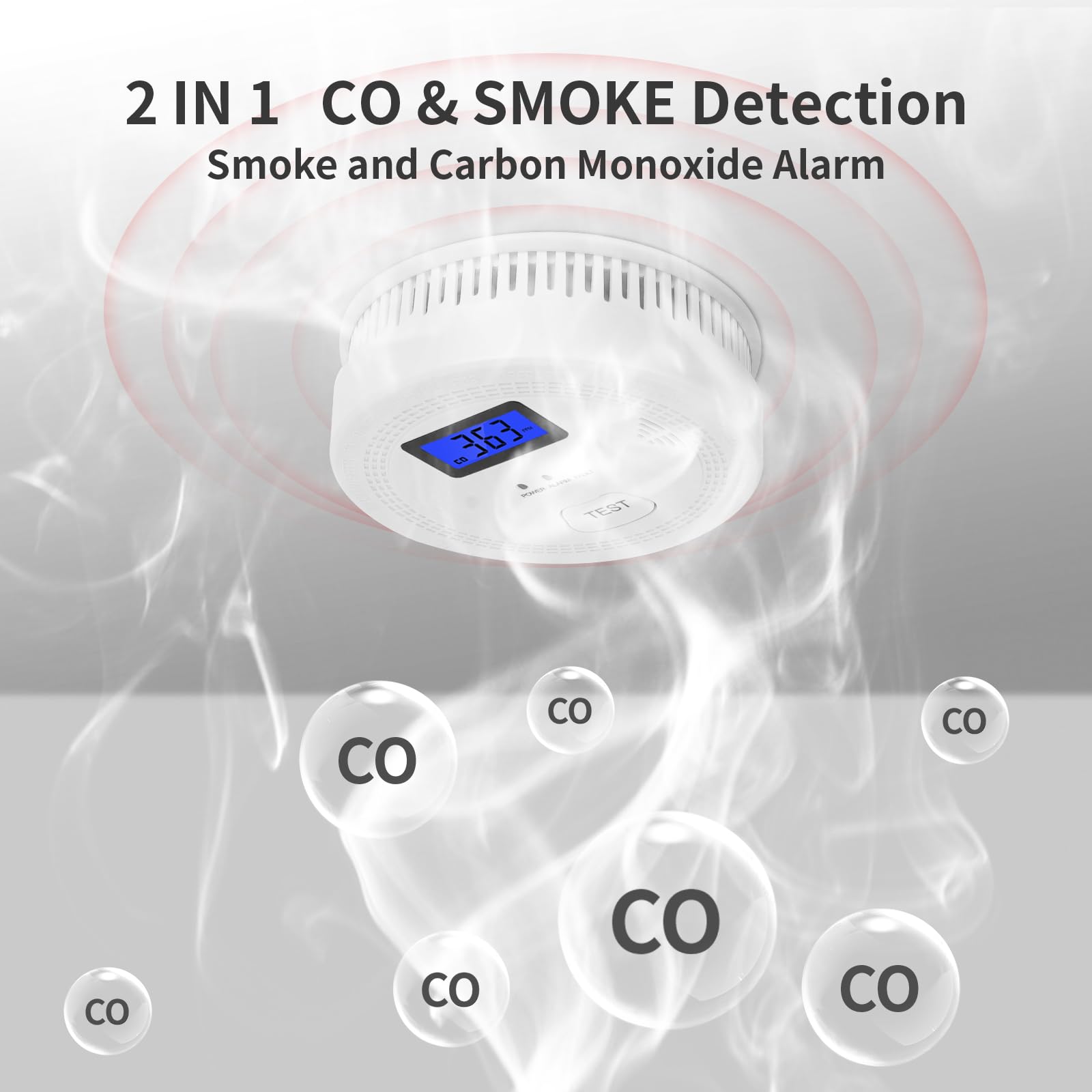 2 in 1 CO & Smoke Alarm,Carbon Monoxide Detectors, with Battery, Smoke Detector,85dB in Alarm,for Home and Kitchen,LCD Screen,Easy to Install