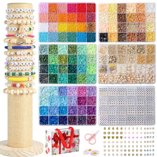 SJZWSD Enhanced 6 Boxes Friendship Bracelet Making kit- 16,000pcs in 6 Boxes, Featuring Clay Beads, Seed Beads, Glass Beads, Plus Letter Beads & Charms - Ideal for Friendship Bracelets