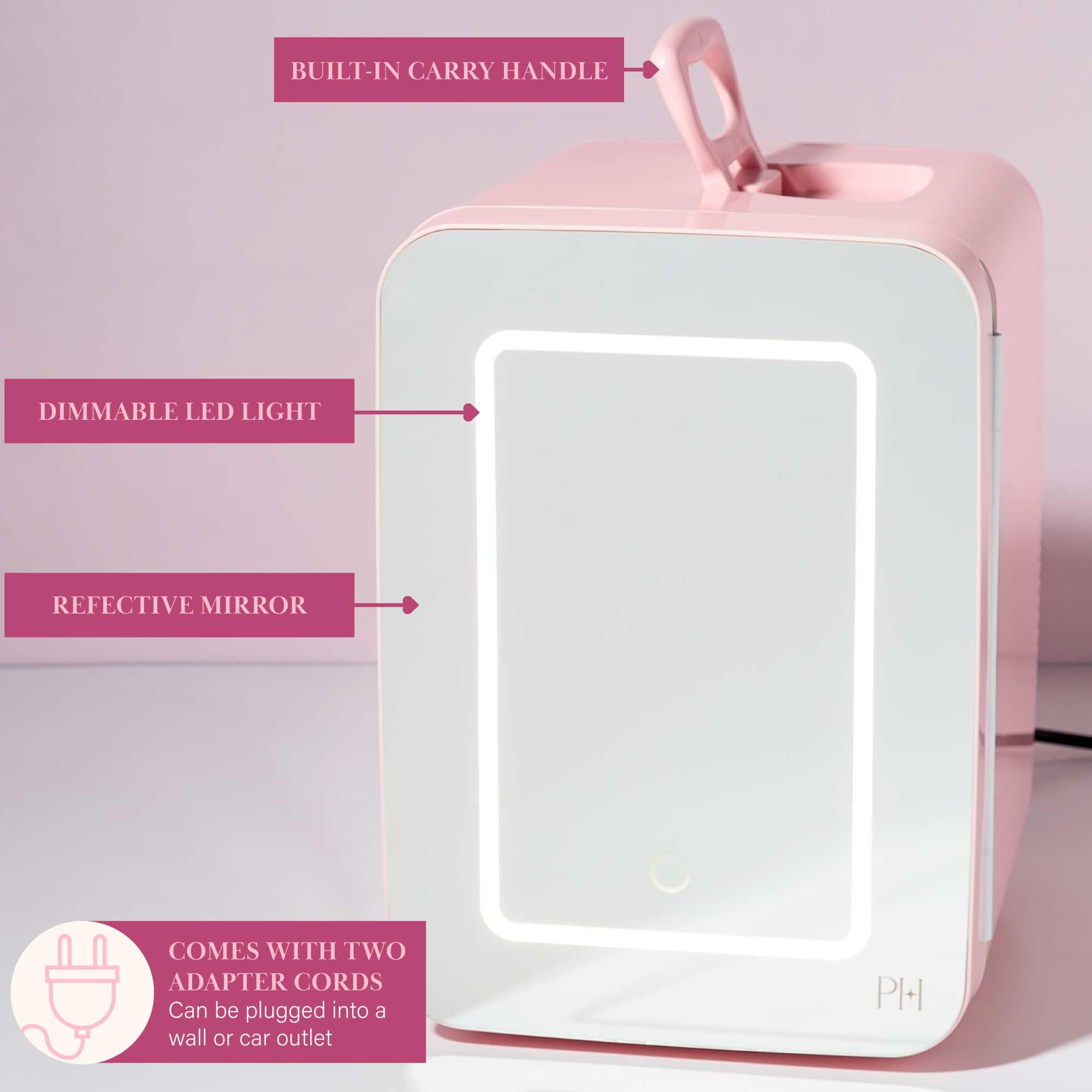 Paris Hilton Refrigerator and Personal Beauty Fridge, Mirrored Door with Dimmable LED Light, Thermoelectric Cooling and Warming Function for All Cosmetics and Skincare Needs, 10-Liter, Pink