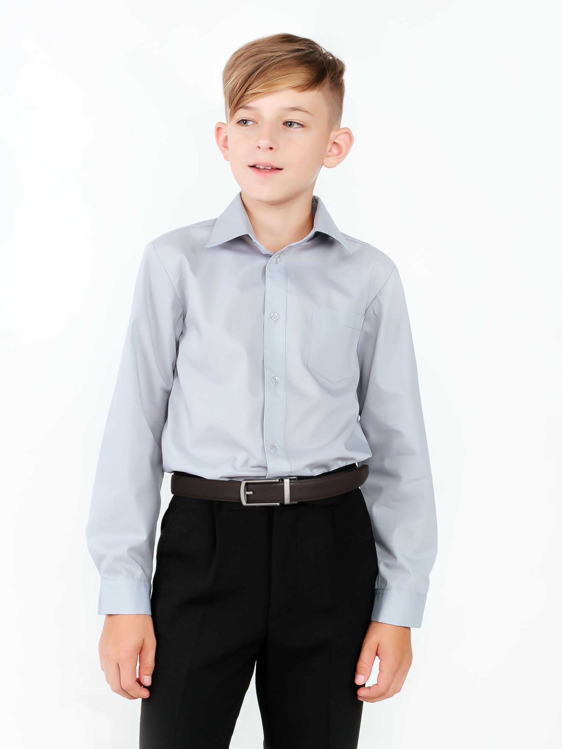 AWAYTR Boys Ratchet Belt for Kids - Black and Brown Leather Belts for Dress Pants Uniform Jeans (90cm,Gunmetal-Coffee)