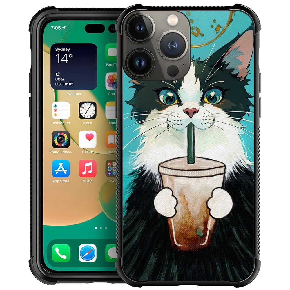 Goodsprout Compatible with iPhone 12 Pro Max Case Cat Drinking Coffee Pattern Graphic for Girls,Protection Shockproof Soft Silicone TPU Non-Slip Back for iPhone 12 Pro Max