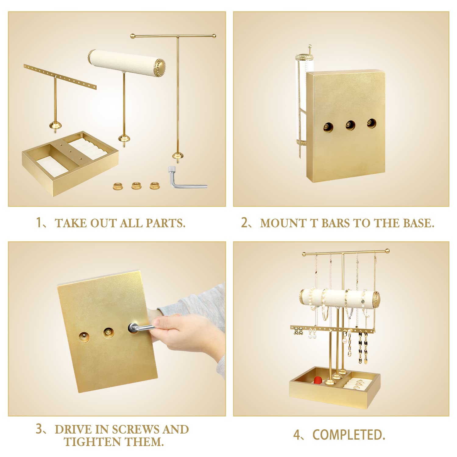 Funlove Jewelry Organizer Stand 3-in-1 Jewelry Holder for Necklaces Bracelet Earrings & Ring Jewelry Tree Jewelry Tower Metal & Wood-Gold
