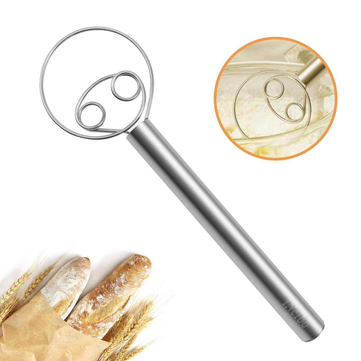 iNeibo Dough Whisk Bread Mixer, Danish dough Whisk for Bread Making, Large Stainless Steel Dough Whisk Perfect for Baking Pastry or Pizza