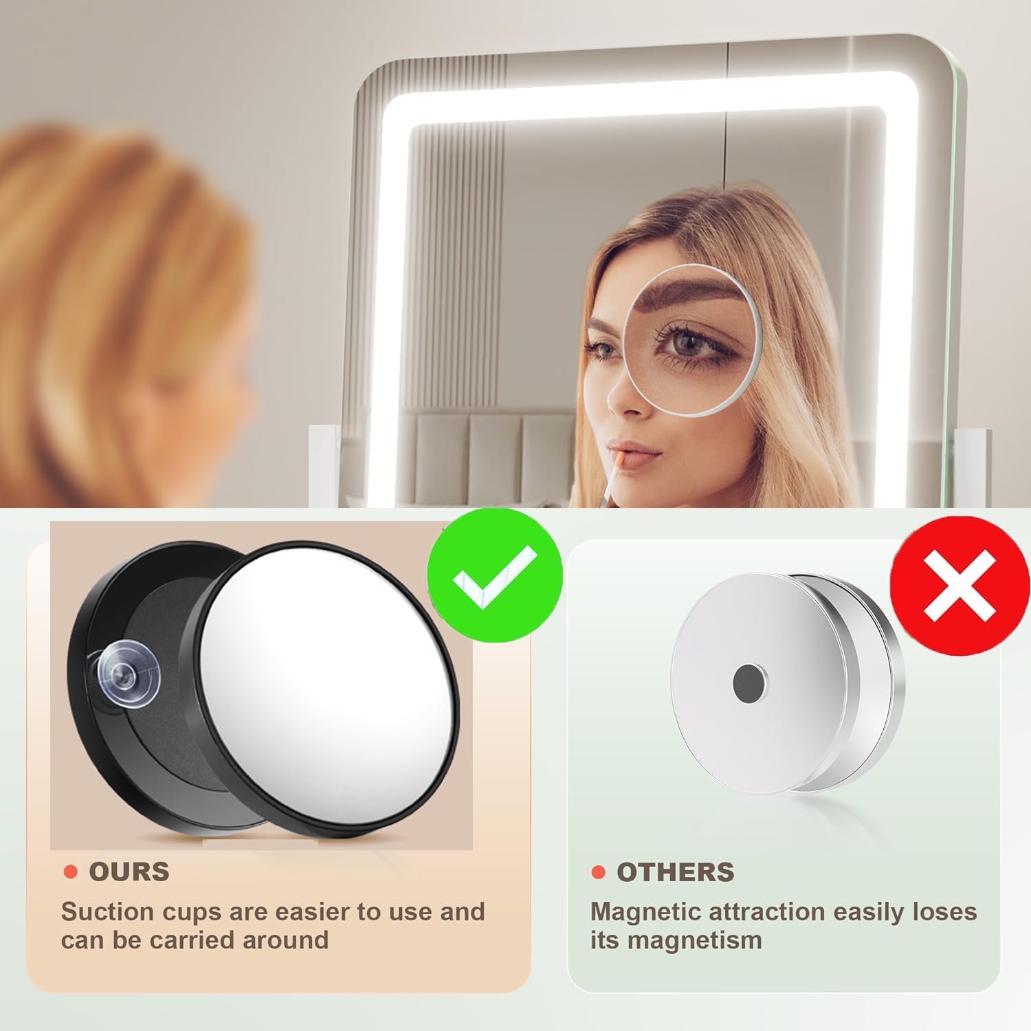 Gvnkvn Makeup Vanity Mirror with Lights 15.2" Large LED Lighted Mirror, Hollywood Make Up Mirror with Lighting for Bedroom Tabletop, Smart Touch,Detachable 10X Magnification 360° Rotation, (White)