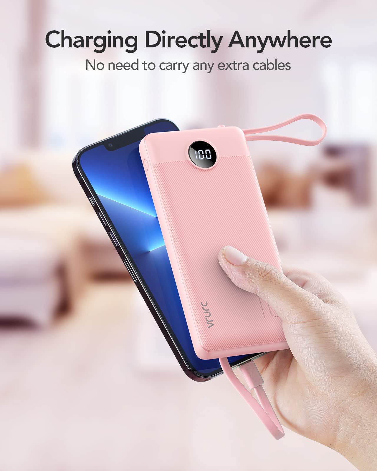 VRURC Portable Charger 10000mAh, Slim LED Display Power Bank, 5 Output 2 Input Cell Phone Battery Pack, Built-in Micro & USB C Cables Phone Charger Compatible with iPhone,Samsung,Android-Pink(1 Pack)