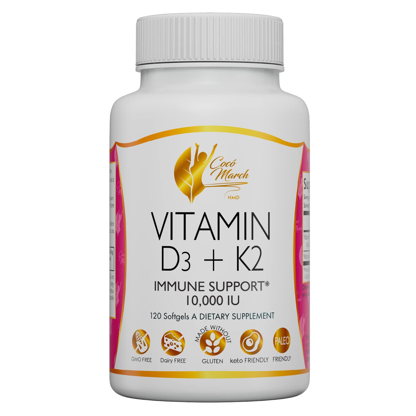 Coco March Vitamin D3+K2 10,000 IU - 4 Month Supply HIGH POTENCY - Immune & Joint Health Gluten Free, GMO Free, Dairy Free, Keto Friendly, Paleo Friendly, 250 mcg of D3-180 mcg of Vitamin K2