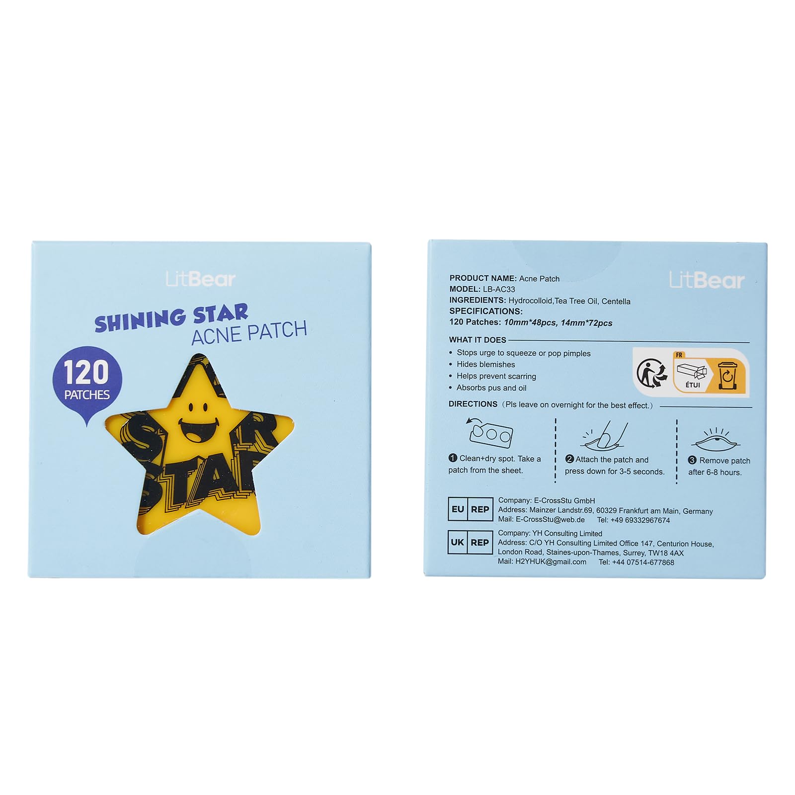 LitBear Cute Case with Pimple Patches for Face, Little Compact with Pink & Yellow Star Hydrocolloid Acne Patch, Blemish Patches, Zit Patches (120 Count)