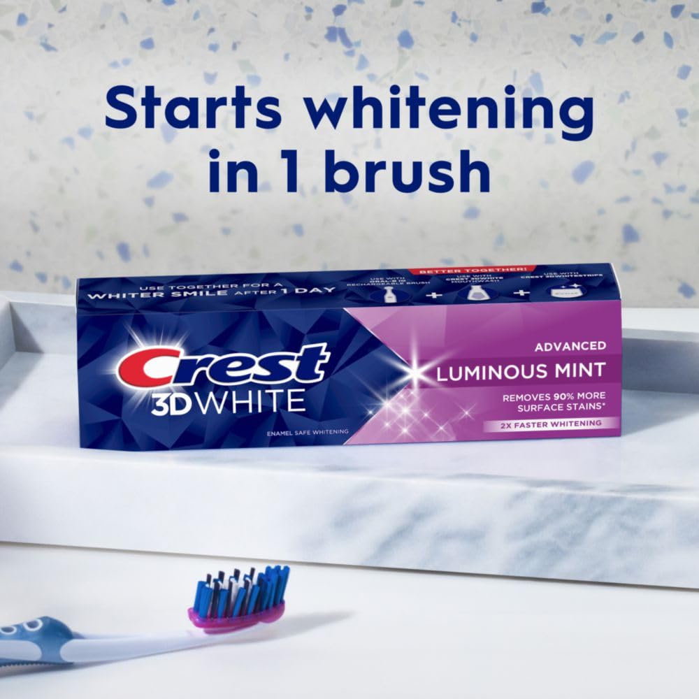 Crest 3D White Advanced Luminous Mint Teeth Whitening Toothpaste, Crest Toothpaste, 3.7 oz Pack of 4 - Helps Remove Surface Stains, Whitens Teeth, Strengthens Tooth Enamel, Protects Against Cavities