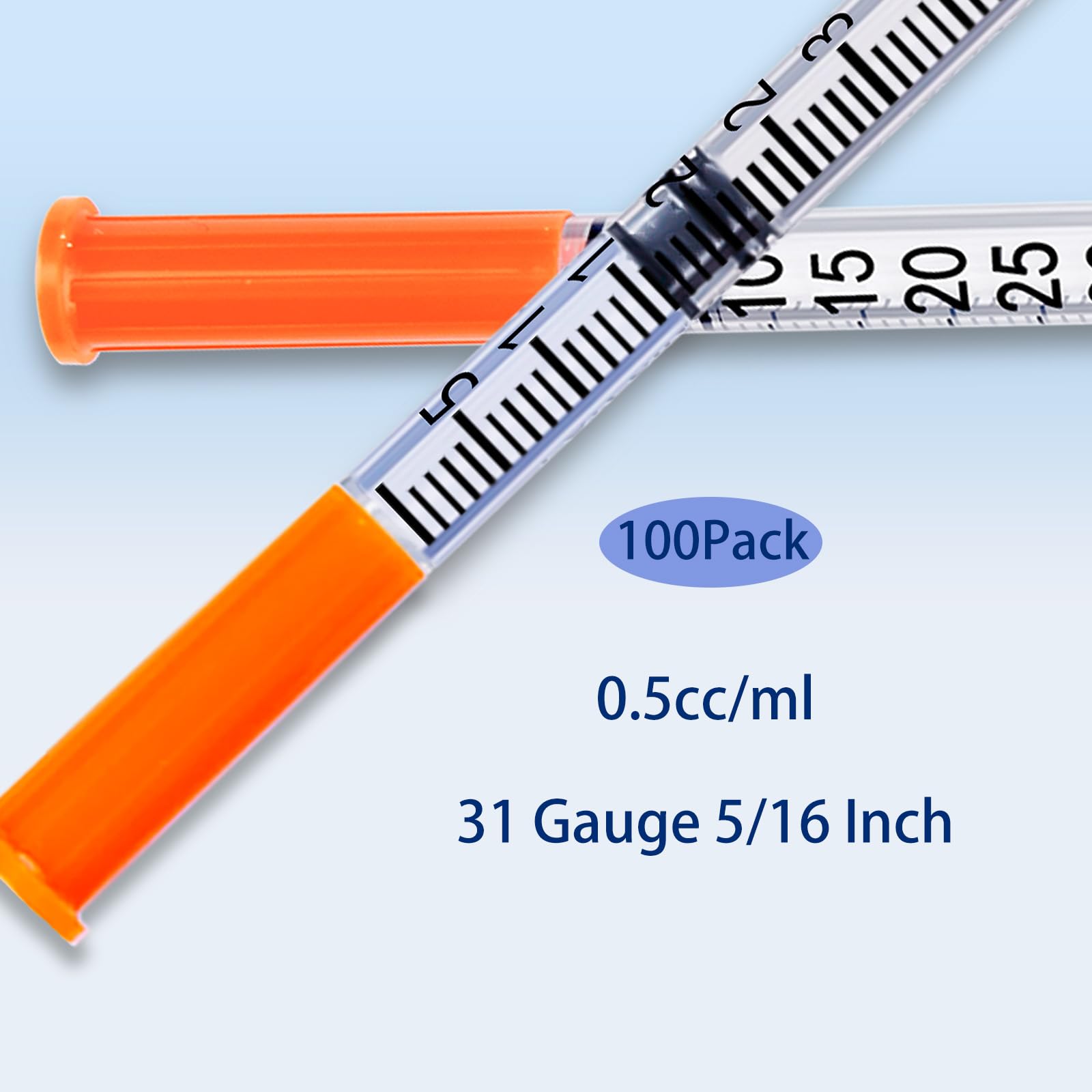 U-100 Syringe 0.5ml/cc 31G 5/16" 8mm Scientific Lab Syringes, Pack of 100, Disposable Individual Package
