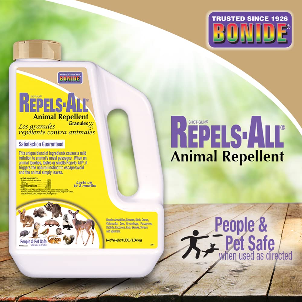 Bonide Repels-All Animal Repellent Granules, 3 lbs. Ready-to-Use Deer & Rabbit Repellent, Deter Pests from Lawn & Garden