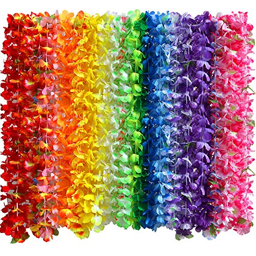 Myamy Hawaiian Leis for Luau Party Decorations: Hawaii Lays Tropical Silk Flower Necklace Bulk Beach Birthday Themed Party Favors Decor Supplies 12 Counts