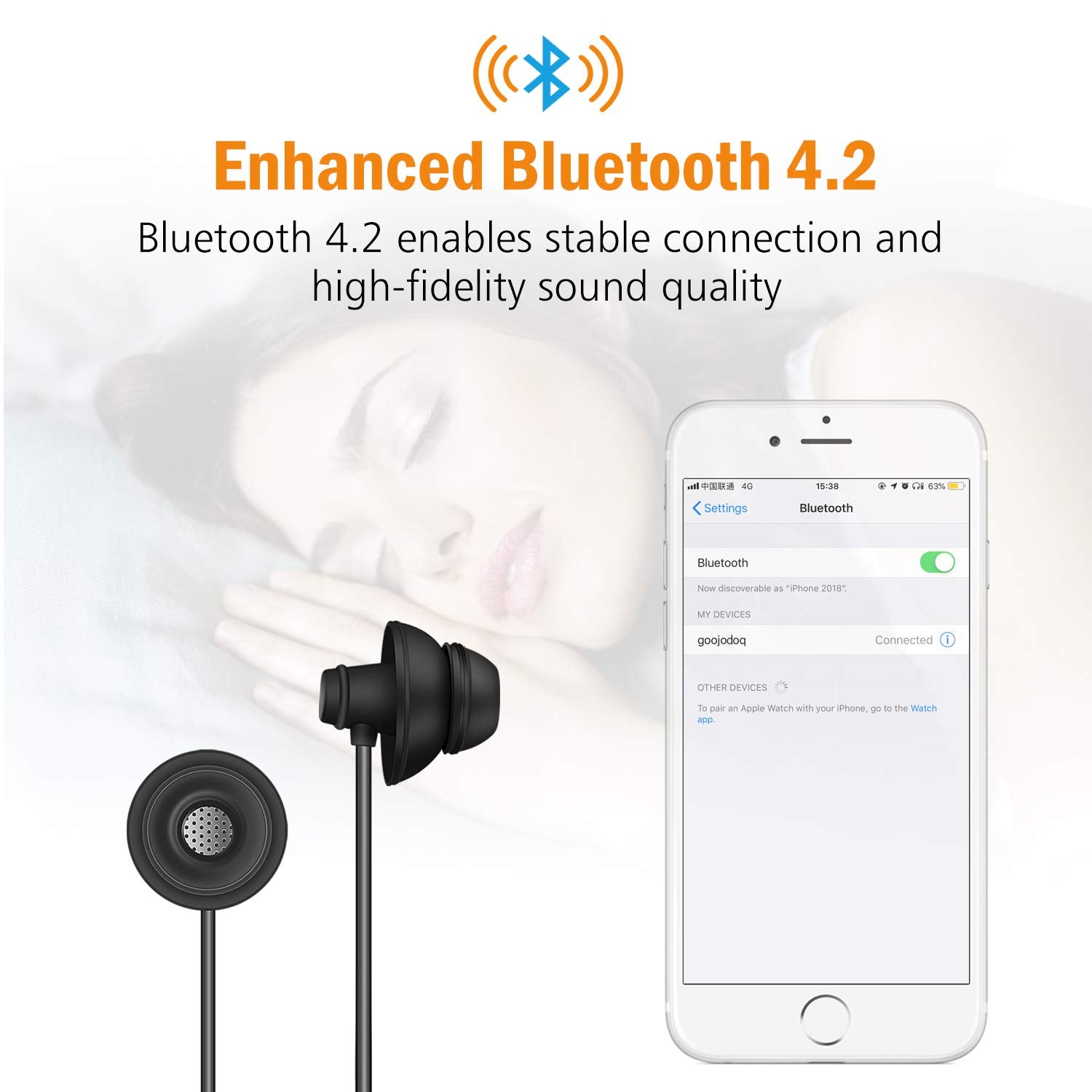 Goojodoq Bluetooth Sleep Headphones Bluetooth 4.2 Wireless Soft in-Ear Sleeping Earbuds, 18 Hours Music time, Wireless Sleep Headsets for Insomnia, Side Sleeper, Gym, Relaxation and Sports-Black