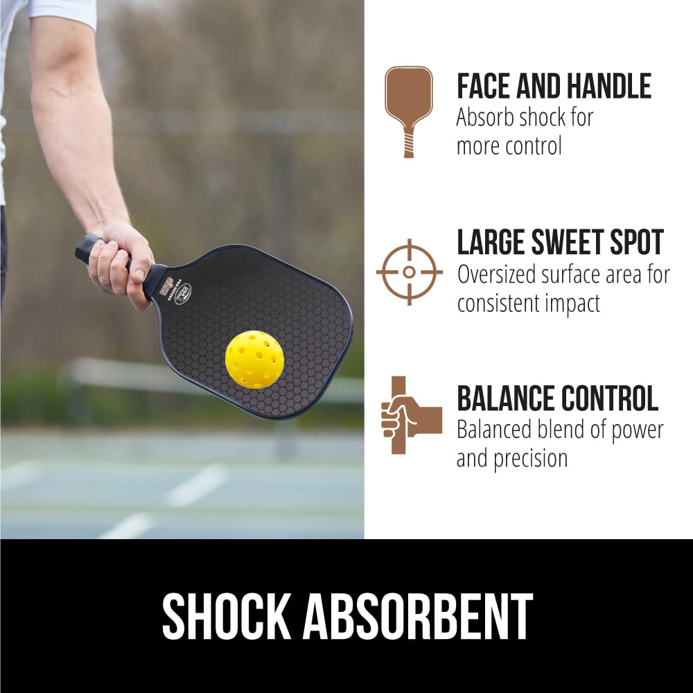 Gorilla Gear USAPA Pickleball Approved Paddle, Fiberglass Shock Absorbent Racket with Ergonomic Grip, Indoor Outdoor Pickle Ball Court Sports Accessories, Set of 2 Paddles 4 Balls and 1 Bag, Black