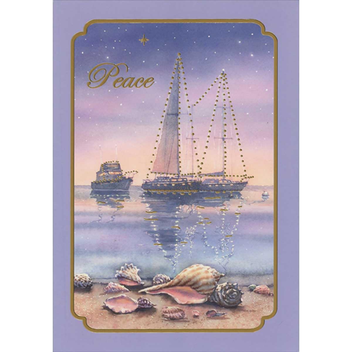 Designer Greetings Red Farm Studios Peace: Sailboat and Yacht Under Starry Sky Near Shells on Beach in Purple Border | Pack of 15 Nautical, Sailing Holiday Cards, Christmas Cards