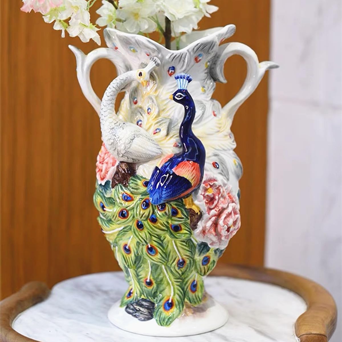 Minigift Large Ceramic Vase,3D Hand-Painted Peacock Home Decor Bouquet Holder-11.7H Inches