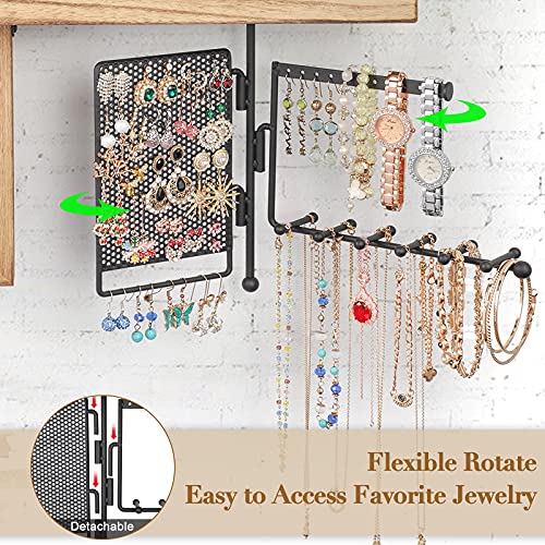 SOLIMINTR Hanging Jewelry Organizer Wall Mount with Rustic Wood Shelf, Ring Display Box, Ear Studs Earring Holder, Rotating Necklace Holder Organizer