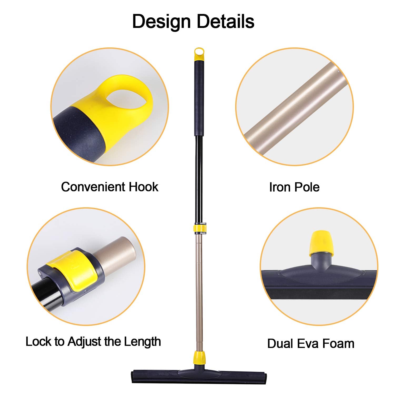 Yocada Floor Squeegee Scrubber Adjustable Telescopic Pole Heavy Duty Household Broom EVA Foam Blade for Garage Courtyard Shower Bathroom Floor Marble Glass Tile Water Foam Cleaning
