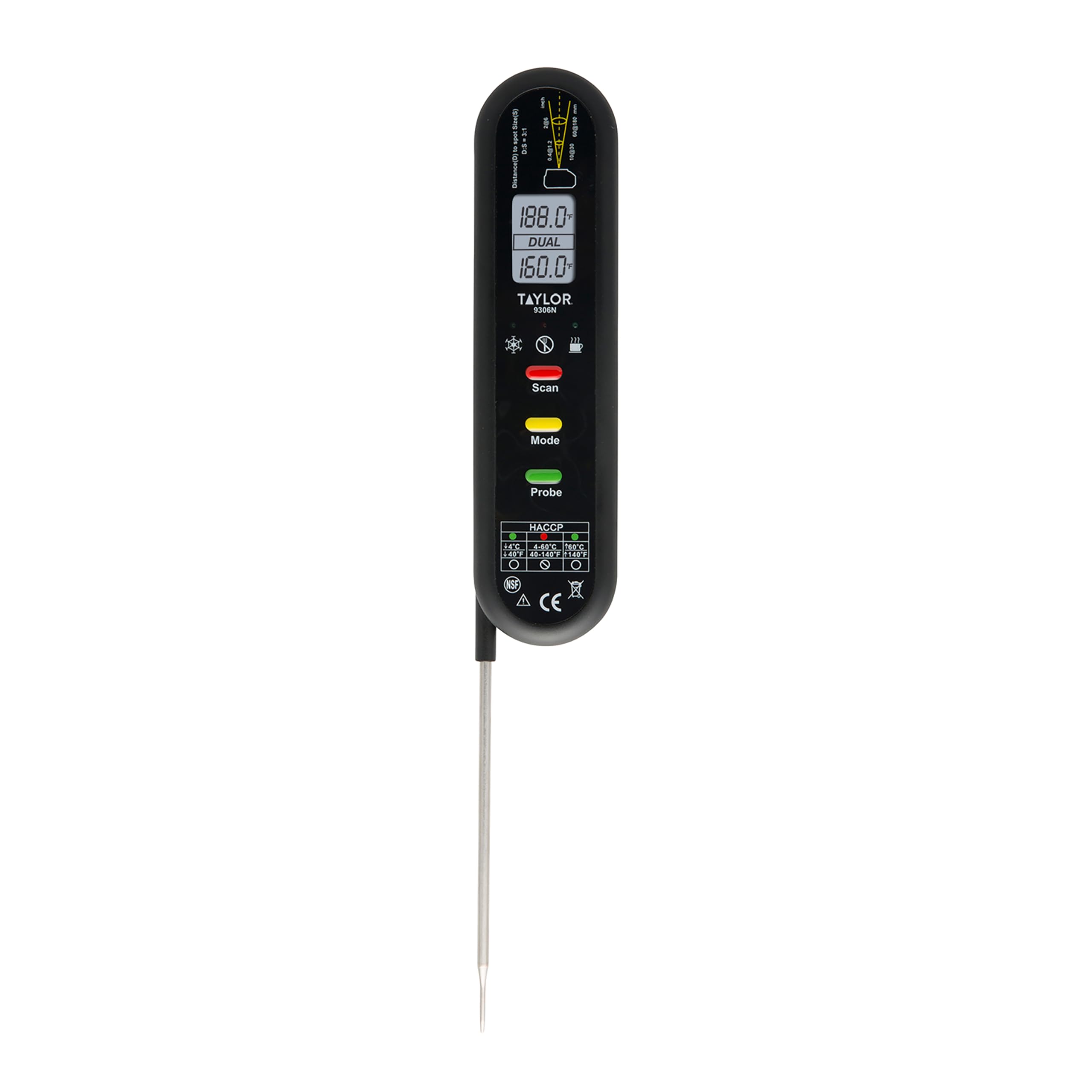 Taylor Dual Temp Infrared Thermocouple Thermometer, Multi-Functional Infrared Mode, Dual Line LCD, HOLD, Min/Max; Step Down Probe, Water Resistant, Black