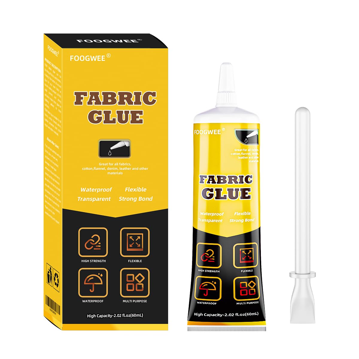 FOOGWEE Fabric Glue Permanent - 60ml Sewing Glue for Clothing Permanent Washable, Liquid Fabric Stitch Glue for All Leather, Fabrics, Denim, Flannel, Cotton, Doll, Polyester Repair and More…